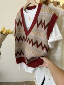 ฝรั่งเศส คอวี ถัก เสื้อกั๊ก ผู้หญิง ฤดูใบไม้ร่วง Fair Isle Layering หลวม เสื้อสเวตเตอร์ เสื้อกั๊ก คริสต์มาส เสื้อท่อนบน สไตล์การเดินทางที่สะดวกสบาย