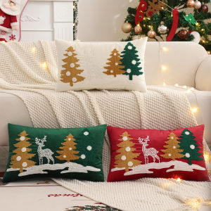 Embroidery Throw Pillow Cover Christmas Decoration Velvet Soft Christmas Tree Reindeer Winter Farmhouse Home Sofa Living Room