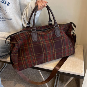 Large Capacity Plaid Travel Bag Womens Tote Autumn Winter Woolen Luggage Handbag Lightweight Sports Fitness Storage Bag