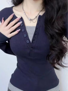 Slim Fit Long Sleeve T-Shirt Womens Cute Style Button Detail Inner Wear Base Shirt Top Autumn New Arrival Youthful Splice Design