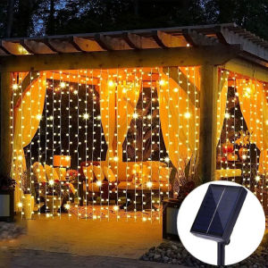 Outdoor Solar Curtain String Lights Decor Garden Pavilion Window Ramadan Christmas Wedding Party Valentines Day Hanging Light