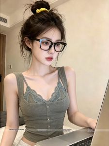 Lace Halterneck Contrasting Color Pseudo Two-piece Elegant Summer Blouse