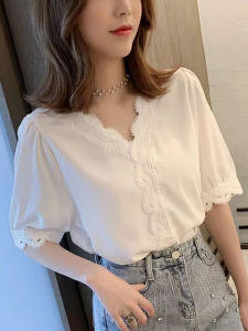 Elegant V-neck Short Sleeve Womens Shirt 2023 New Summer Fashion Design Sensation Fairy-like Translucent Tunic Top Blouse