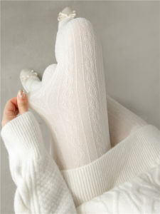 Autumn Winter Milk White Womens Tights Japanese Style Floral Patterned JK Stockings Outerwear Base Layer Pants No Slip down