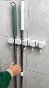 ABS Mop Holder Broom Hanger Wall Mounted 4 Position Brush Support Broomstick Hook Storage Rack Bathroom Organizer