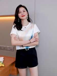 Korean Style Casual Printed Short-Sleeve T-shirt Ice Silk Blouse For Women