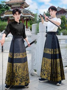 Original Hanfu Mens New Chinese Style Gold Embroidered Horse Tail Skirt Large Size Floral Short Sleeve Set Ancient Costume Summer