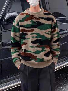 เสื้อสเวตเตอร์คอปกกลมลายพรางแบบสวมหัวสำหรับผู้ชาย แฟชั่นลำลอง อบอุ่น ฤดูใบไม้ร่วง 2024 เสื้อสเวตเตอร์ถักคอวีแขนยาว