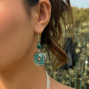 Ingemark Ethnic Round Glass Pendent Earrings Women Vintage Temperament Metal Pierced Ear Accessories Party Banquet Jewelry Gift
