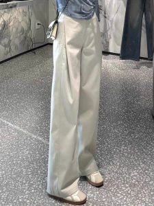 Spring Autumn Casual Pants Womens High Waist Straight Leggings Fashionable Pleated Slimming Wide Leg Pants Long Leg Effect