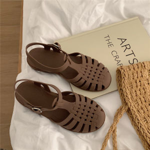 Thin Strip Retro Roman Sandals Womens Summer Korean Style Fairy Style Ins Student Weaving Hollow Flat Jelly Shoes
