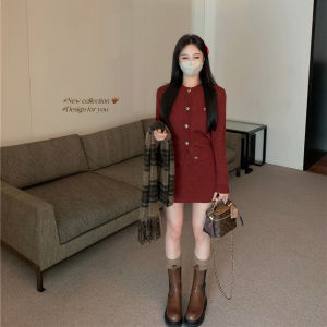 Christmas Atmosphere Red New Year Sweater Set Dress Fragrance Style Long Sleeve Slimming Thick Warm Woolen Korean Style Fashion