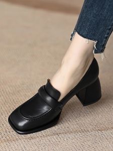 New Soft Leather Chunky Heel Single Shoes Slimming Slip-On Small Leather French Vintage Square Head Brown High Heel Loafers Women