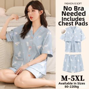 Summer Sleepwear Womens Integrated Pure Cotton Short Sleeve Kimono Sauna Suit Extra Large Size Home Clothes with Chest Pad