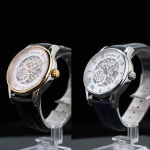 Deesio Mens Fashion Mechanical Watch Automatic Self-Wind Stainless Steel Skeleton Dial Leather Watch Strap Business Casual Gift