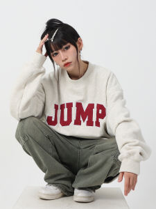 Jumpnext Country Trendy American Retro Suede Applique Letters Winter Velvet Padded Loose Couple round Neck Sweatshirt