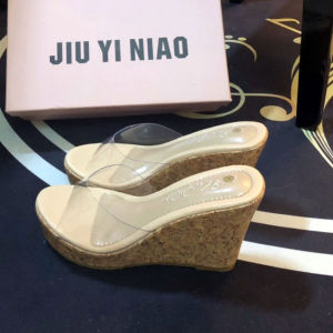 Summer 2025 High Heel Wedge Slippers Womens Platform Beach Shoes Transparent Crystal Slip-On Sandals Sweet Style Daily Wear PVC Upper