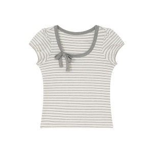 Contrast Color U-Neck Tie-Up Fitted Short Sleeve T-Shirt