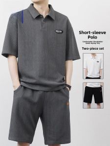 ROMON | Lormen Mens Summer Sporty Polo Shirt Short Sleeve Casual Turn-down Collar Youth Polyester Fiber Five-minute Pants Set
