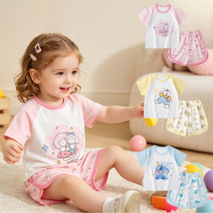 Toddler Baby Girl Pure Cotton Summer Suit Korean Version Cartoon Cute Short-Sleeved Two-Piece Set 0-4 Years Old Childrens Cloth