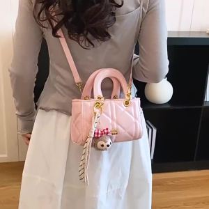 Mini Diamond‑Stitched Tote Handbag for Women Cute Fluffy Doll Pendant Adjustable Strap Crossbody Purse Sweet Solid Color Small