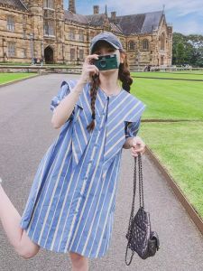 Loose Casual Navy Collar Striped Shirt Dress Womens Small Size Summer New Style Vacation Loose Dress High Waist Short Sleeve