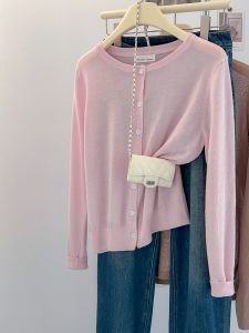 Pink round Neck Ice Silk Knitted Cardigan Womens Summer Slimming Long Sleeve Sun Protection Top Guangzhou Thirteenth Factory