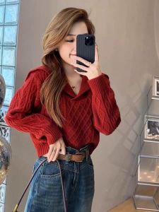 Retro Collar Short Sleeveless Knitted Sweater for Women Autumn Winter Commute Loose Fit Navy Collar Long Sleeve Soft Cozy