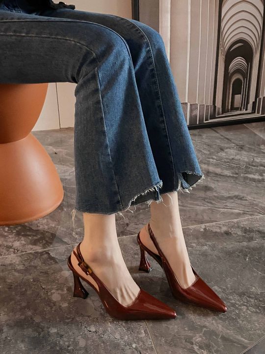 Sexy Red High Heels Women's Sandals Cover Head Pointed Toe PU Leather Fashionable Flat Heel Casual Style for Young Women