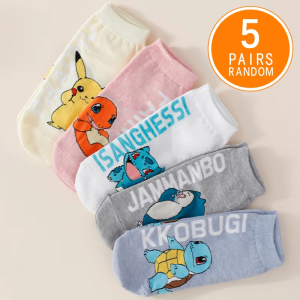 Bandai | 5 Pairs of New Japanese Cartoon Poké Mon Cotton Printed Pattern Womens Boat Socks Comfortable Casual Cute Couple Short Socks