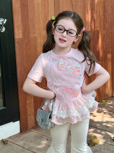 Stylized Childrens T-shirt Embroidered Lace Trimmed Summer Fashionable Girls Cartoon Print Short Sleeve round Neck Top