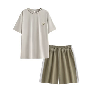 yuenei | Áo ngủ nam tay ngắn cổ tròn cotton mùa hè quần short mặc nhà thoải mái thoáng khí áo chui đầu có thể mặc ngoài trời