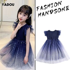 YADOU Váy Ngắn Tay Màu Gradient Sao Phong Cách Phương Tây Cho Bé Gái Váy Vải Tuyn Chần Bông Công Chúa Váy Trẻ Em đầm bé gái tiểu thư