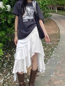 Váy Chữ a Màu Trắng Cạp Cao Không Đều Cỡ Lớn Mới Về Phong Cách Hàn Quốc Váy Midi Cho Nữ Mùa Hè 2024 Váy Công Sở Màu Trơn