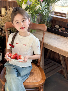 Girls Knitted Cotton Yarn Short Sleeve Sweater Embroidered Twisted Pattern Spring Autumn New Style Childrens Cherry Pattern Knitwear