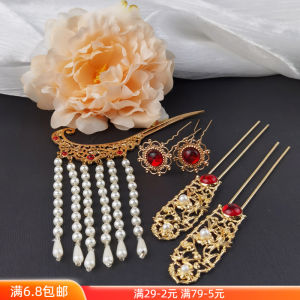 ชุดเครื่องประดับศีรษะใส่กับชุดฮั่นฝูสไตล์โบราณชุดปักผมดอกไม้ผ้าไหมสไตล์ราชวงศ์ถังแบบราชวงศ์หมิงชุดปักผมรูปดอกโบตั๋นรูปตัว U เครื่องประดับศีรษะเครื่องประดับ