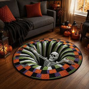 VIKAMA Halloween Round Rug Welcome To The Vortex Skeleton 3D Illusion Non Slip Area Rug Entryway Spooky Decor Festive Soft Funny