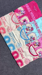 Stelan Baju Anak Perempuan Model Piyama Koas Lengan Pendek Usia 0-6Tahun Bahn Katun Motif Minnie Mause dengan Desain Bow-Tie yang Lucu Fashion