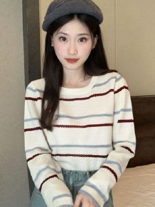 Áo Len Dệt Kim Cổ Tròn Dài Tay Màu Tương Phản Cho Nữ Mùa Xuân Thu Phong Cách Hàn Quốc Cỡ Nhỏ Mặc Trong Áo Len Cardigan Ngắn