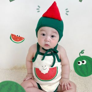 เสื้อผ้าเด็กทารกแรกเกิดแบบใหม่ฤดูร้อนสไตล์เกาหลีเสื้อกล้ามแขนกุดลายแตงโมรอมเปอร์สูทสร้างแบบสำหรับผู้ชายและผู้หญิงกระเป๋าเด็กชุดปีนเขาลม