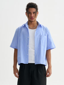 Short Wide Fit Mens Shirt Blue Vertical Stripes American Boxy Short Sleeve Casual Fashion Polyester Fiber Summer Shirt