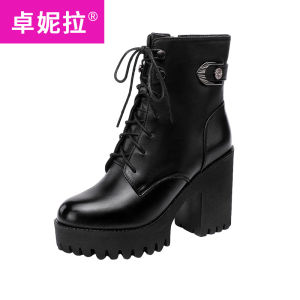 High Heel Martin Boots Womens Autumn Winter New Style Genuine Leather Lace up Mid-Calf Short Boots Waterproof Thick Bottom Versatile Slim Boots