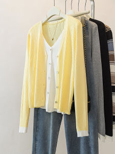 Elegant V-neck Knitted Open Cardigan Womens Fashion Design Unique Outerwear Stylish Top Commute Korean Style Slim Fit Long Sleeve