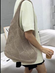 Women Mesh Knit Crochet Bag Tote Bag Solid Color Handmade Shoulder Bags for Shopping