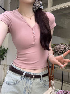 Unique Beautiful Pink Short Sleeve V-Neck Slim Fit T-Shirt Womens Summer New Style Pure Desire Waist-Cut Short Top