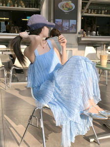 French Gentle Style Midi Skirt Pleated Dress Women Summer Fashion Age Reduction Sweet A-Line Dress Trendy High Waist Chiffon Gown