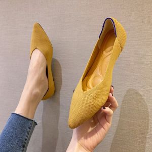 Princess Same Style Flying Woven Womens Shoes Pointed Toe Breathable Low Heel Shoes Knitting Flats Woven Boat Shoes Soft Bottom Autumn Flats