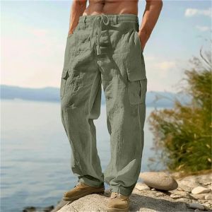 Mens Casual Trousers Loose Comfortable Cargo Pants Pants Man Cotton Linen Multi-Pocket Straight Trousers Beach Thin Men Pants