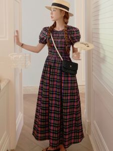 French Plaid Bubble Sleeve Dress Women Summer 2024 Elegant Pleated Waist Cinched High-End Unique Skirt Korean Style round Neck