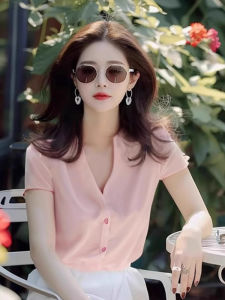 French Fashion Sweet Age-Reducing Single Row Buckle V-Neck Short Sleeve T-Shirt Summer Thin Style Casual Top Versatile Base Shirt for Women